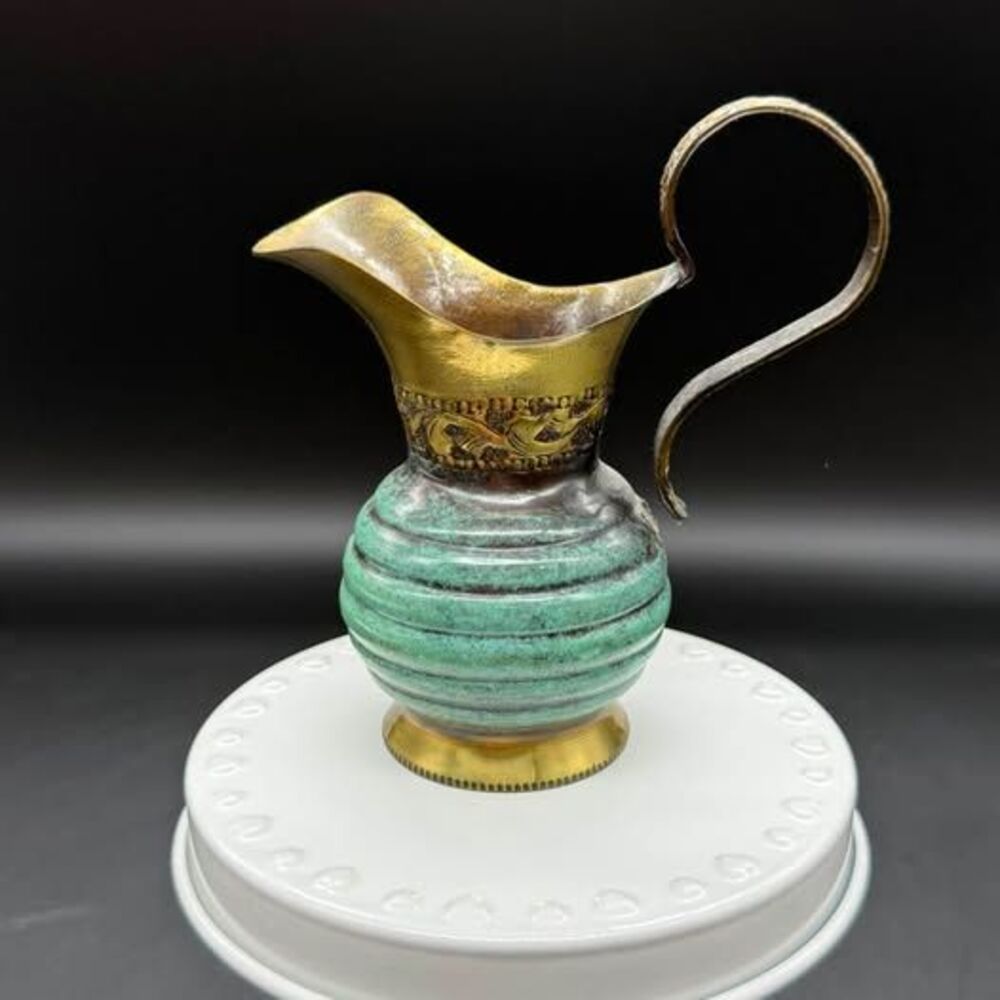 Vintage Oppenheim Israel Mini Brass Ewer Pitcher Verdigris Grapes MCM 3.5”